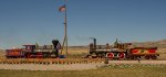 Jupiter and UP 119 pose with cow catchers nearly touching at the spot where the last spike was driven in America's first transcontinental railroad